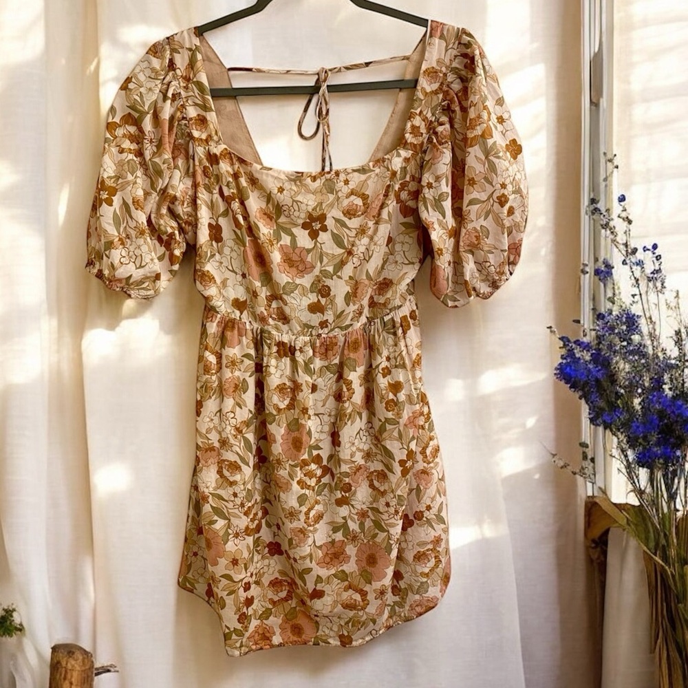 DRESS FORUM BOHO FLORAL MINI DRESS PUFF SLEEVES AND BOW COASTAL COWGIRL LARGE - Picture 6 of 16